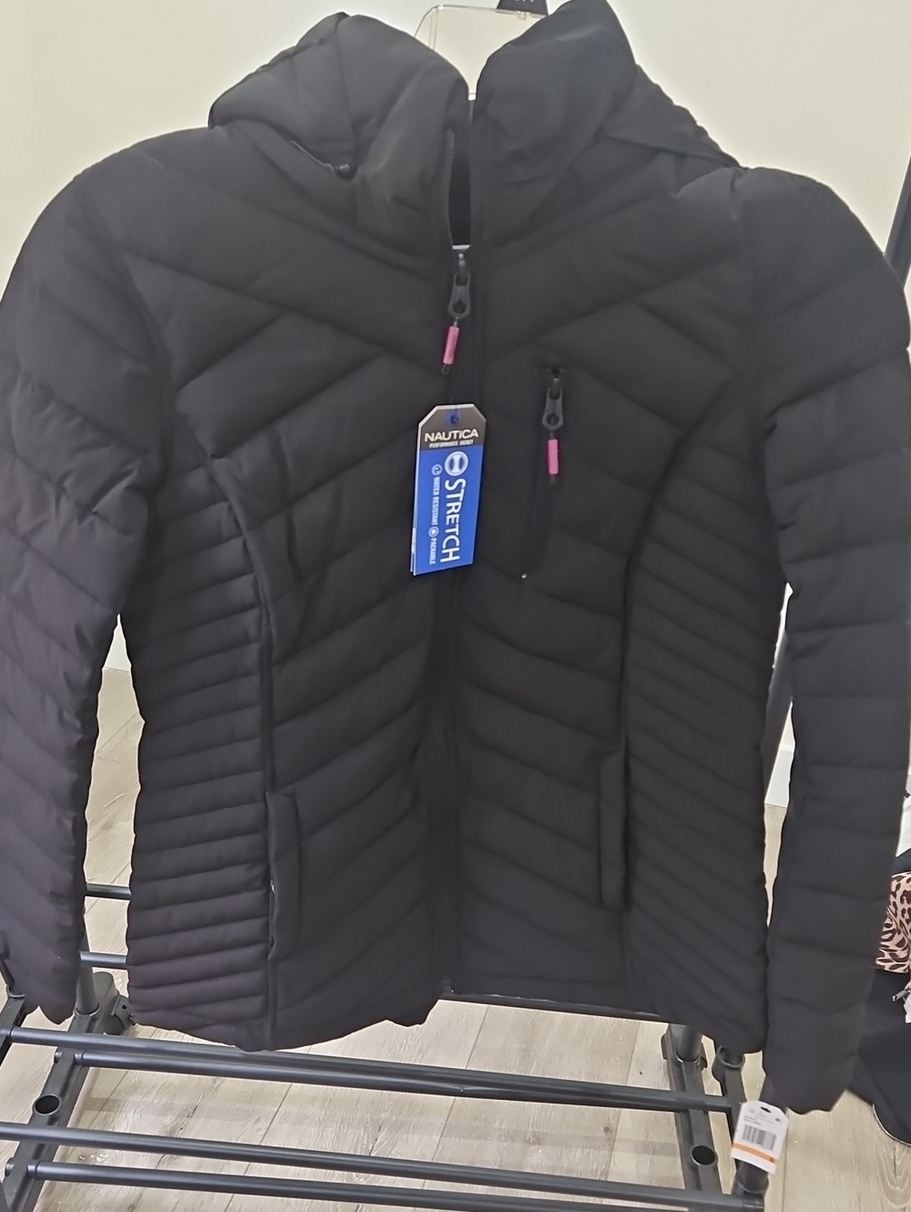 Nautica Black Quilted Stretch Hooded Puffer Jacket